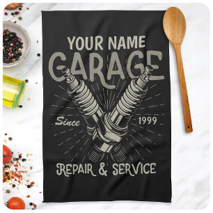 Personalized Auto Mechanic Garage Retro Spark Plug Kitchen Towel