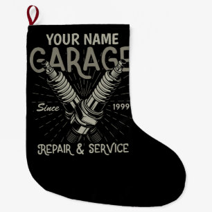 Personalized Auto Mechanic Garage Retro Spark Plug Large Christmas Stocking
