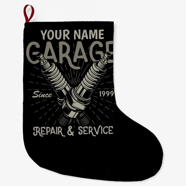 Personalized Auto Mechanic Garage Retro Spark Plug Large Christmas Stocking (Front)