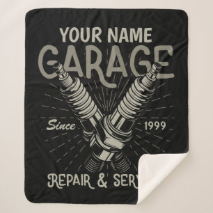Personalized Auto Mechanic Garage Retro Spark Plug Sherpa Blanket