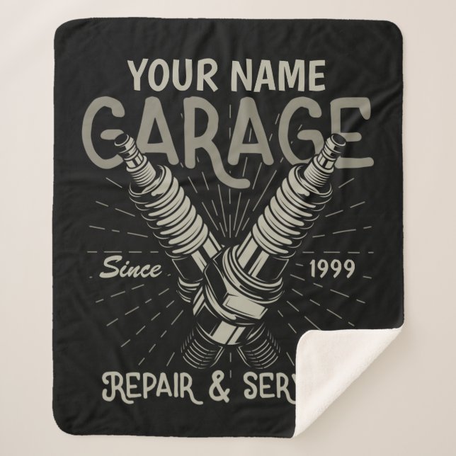 Personalized Auto Mechanic Garage Retro Spark Plug Sherpa Blanket (Front)