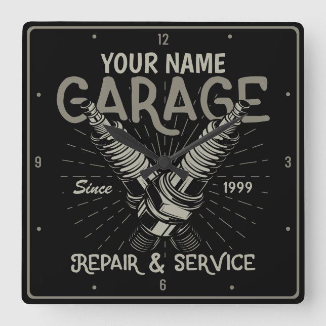 Personalized Auto Mechanic Repair Service Garage Square Wall Clock (Front)