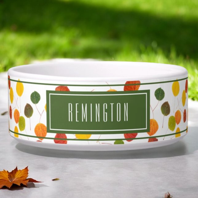 Personalized Autumn Aspen Leaves Pattern Pet Bowl (custom pet bowl front)