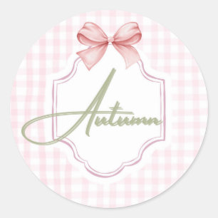 Personalized Autumn Baby Girl Nursery Bow&Gingham  Classic Round Sticker