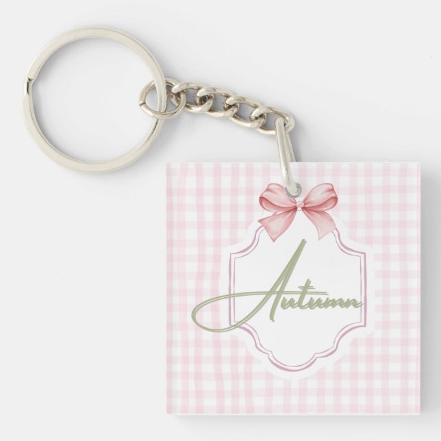 Personalized Autumn Baby Girl Nursery Bow&Gingham  Keychain (Front)