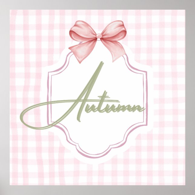 Personalized Autumn Baby Girl Nursery Bow&Gingham  Poster (Front)