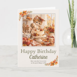 Personalized Autumn Birthday Kitten Cake Card