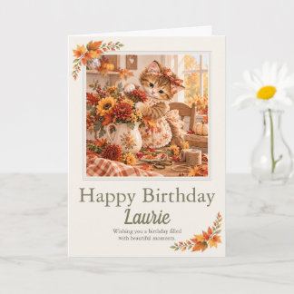 Personalized Autumn Birthday Kitten Flowers Card