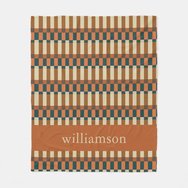 Personalized Autumn Brown Geometric Check Pattern Fleece Blanket (Front)