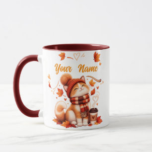 Personalized Autumn Cat Mug   Custom Name Cozy Fal
