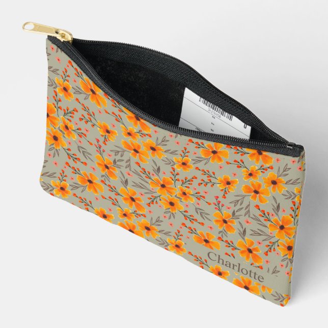 Personalized Autumn Fall Floral Pattern SageGreen  Accessory Pouch (Open)