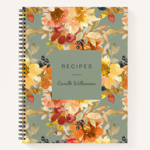 Personalized Autumn Floral Fall Sage Green Recipe Notebook