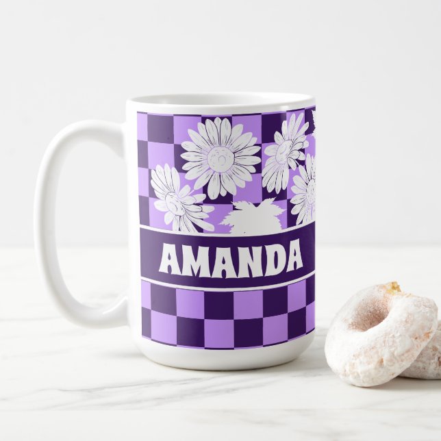 Personalized Autumn Flowers Purple Chequerboard Coffee Mug (With Donut)