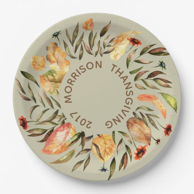 Personalized  Autumn Leaves Wreath Paper Plate (Front)