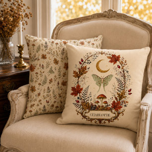 Personalized Autumn Luna Moth Witchy Botanical  Throw Pillow