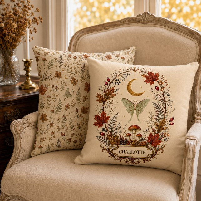Personalized Autumn Luna Moth Witchy Botanical  Throw Pillow (Personalized Autumn Luna Moth Witchy Botanical Throw Pillow)