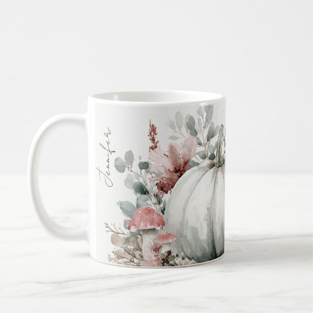 Personalized Autumn Mug with Pumpkins and Flowers (Left)