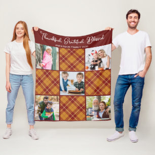Personalized Autumn Orange Plaid 5 Photo Collage Fleece Blanket