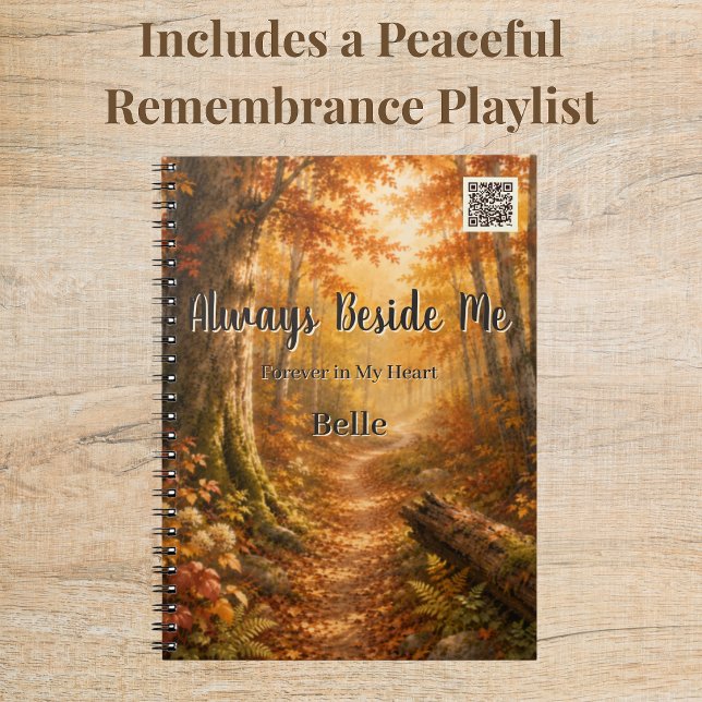Personalized Autumn Path Rainbow Bridge QR Code Notebook (Rainbow Bridge journal with customizable QR to a Spotify grief playlist or your own memorial tribute)