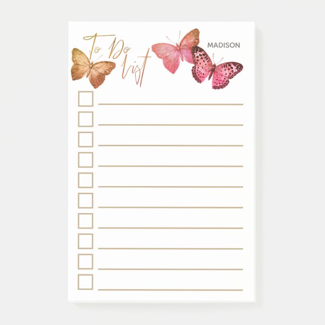 Personalized Autumn Pink Butterfly To Do List Post-it Notes (Front)