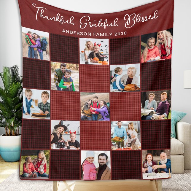Personalized Autumn Plaid Unique 13 Photo Collage Fleece Blanket (Creator Uploaded)