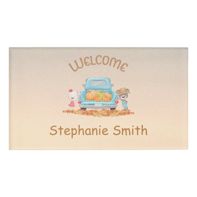 Personalized Autumn Welcome Bears Pumpkins Leaves Name Tag (Front)