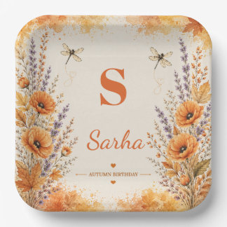 Personalized Autumn Wildflower Dragonfly Birthday Paper Plate