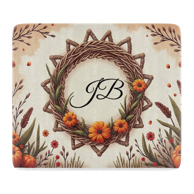 Personalized Autumn Wreath Glass Cutting Board (Front)