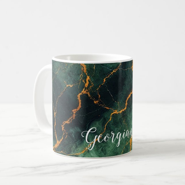 Personalized Autumnal Forest Green & Gold Marble Coffee Mug (Front Left)