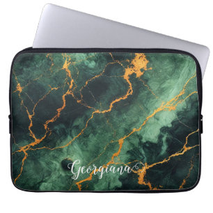 Personalized Autumnal Forest Green & Gold Marble Laptop Sleeve