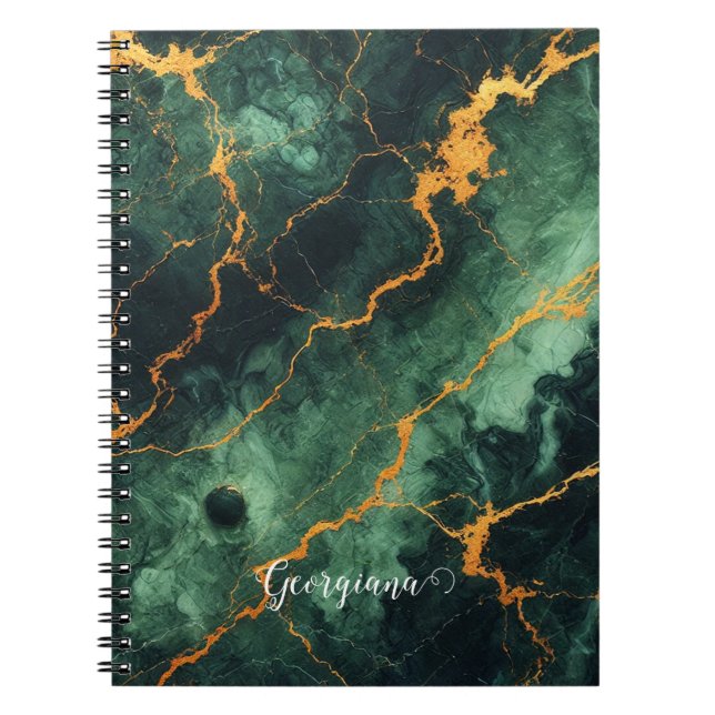 Personalized Autumnal Forest Green & Gold Marble Notebook (Front)