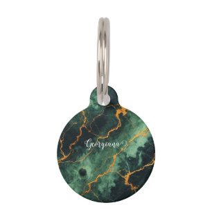 Personalized Autumnal Forest Green & Gold Marble Pet Tag