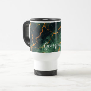 Personalized Autumnal Forest Green & Gold Marble Travel Mug