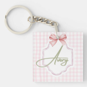 Personalized Avery Baby Girl Nursery Bow&Gingham Keychain