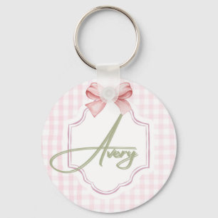 Personalized Avery Baby Girl Nursery Bow&Gingham Keychain