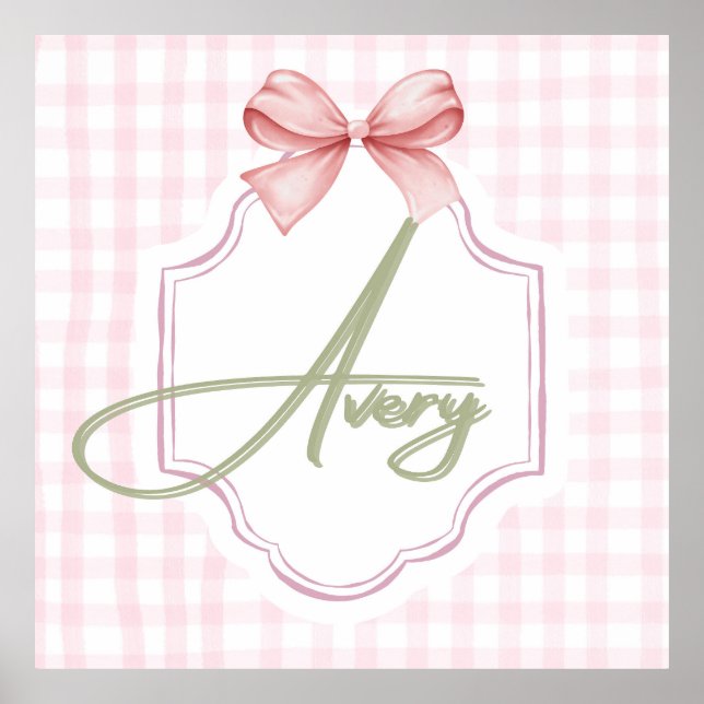 Personalized Avery Baby Girl Nursery Bow&Gingham  Poster (Front)
