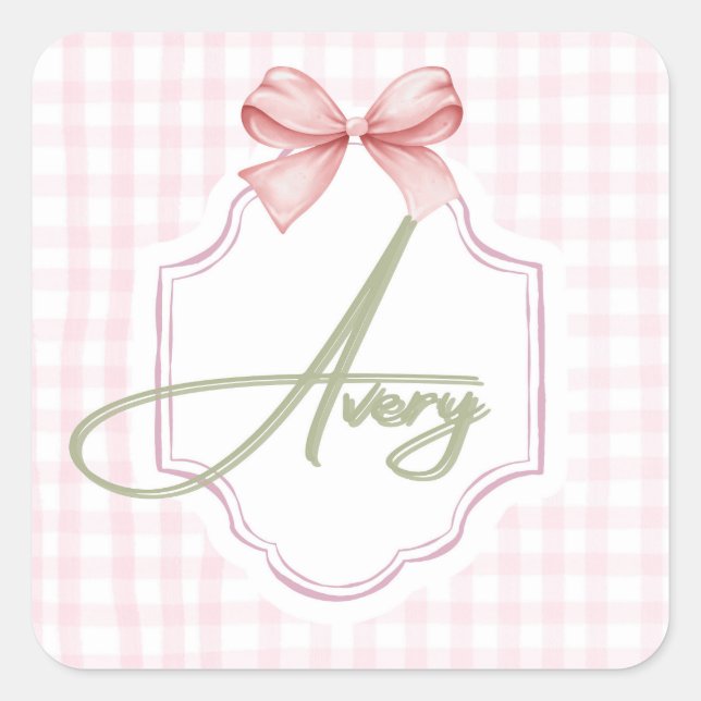 Personalized Avery Baby Girl Nursery Bow&Gingham  Square Sticker (Front)