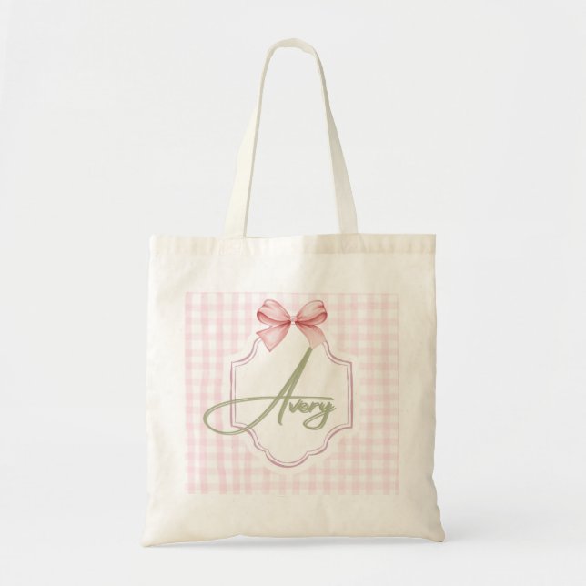 Personalized Avery Baby Girl Nursery Bow&Gingham  Tote Bag (Front)