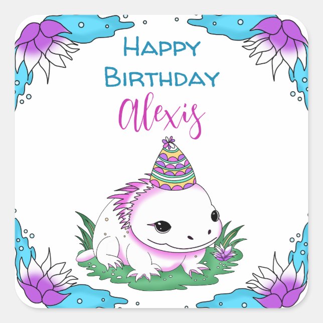 Personalized Axolotl Themed Girl's Birthday  Square Sticker (Front)