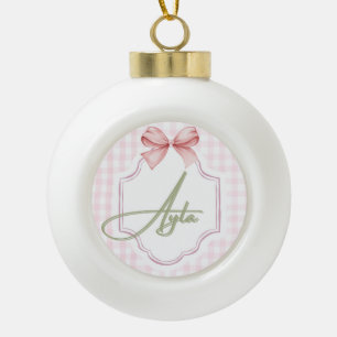 Personalized Ayla Baby Girl Nursery Bow&Gingham Ceramic Ball Christmas Ornament