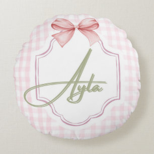 Personalized Ayla Baby Girl Nursery Bow&Gingham  Round Pillow