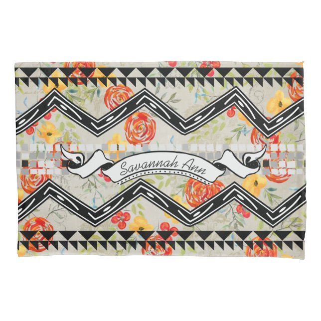 Personalized Aztec Floral Red and Orange Pattern Pillowcase (Front)