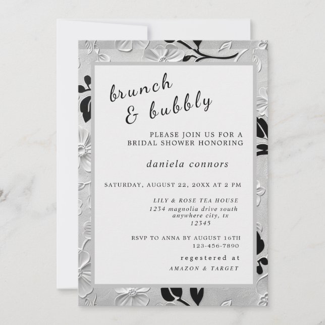 Personalized B & W Florals Brunch & Bubbly  Invitation (Front)