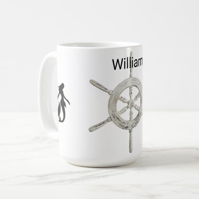 Personalized B&W Helm with Mermaids Coffee Mug (Front Left)