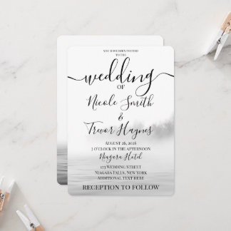 Personalized B&W Lake Fog Calligraphy Wedding Invitation