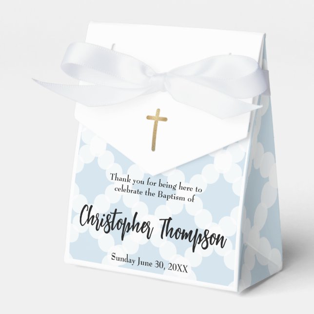 Personalized Baby Baptism Gold Cross Blue pattern Favor Box (Front Side)