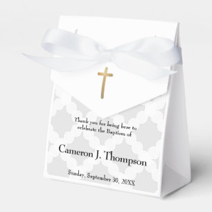 Personalized Baby Baptism Grey White Gold Cross Favor Box