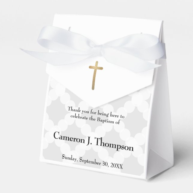 Personalized Baby Baptism Grey White Gold Cross Favor Box (Front Side)