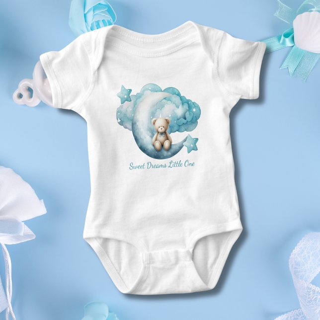 Personalized Baby Bear Moon Star Cloud Blue Boy Bodysuit (Personalized Blue Baby Bear Sitting on Moon with Stars and clouds. Baby shower gift baby boy)