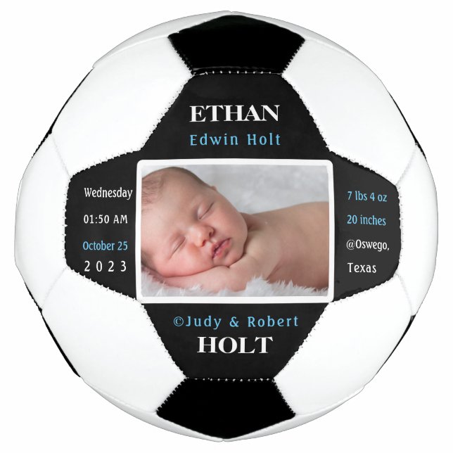 Personalized Baby Birth Stats Announcement Photo Soccer Ball (Front)